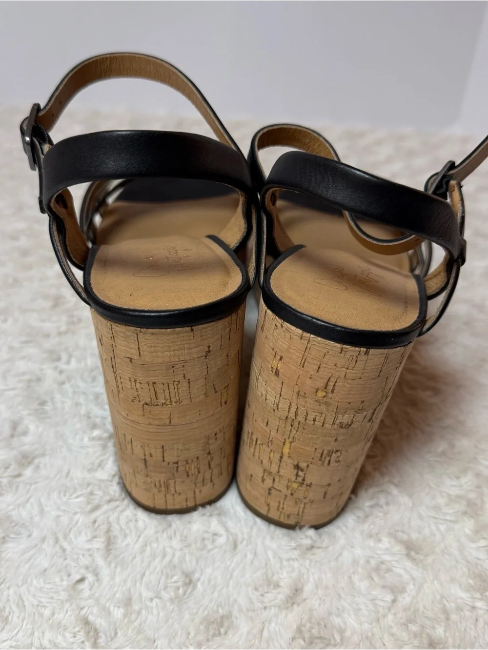 Crown Vintage Black Strappy Cork Platform Heels